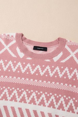 Women's Abstract Print Sweater in Pink and White