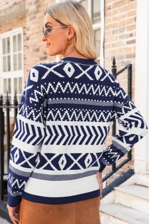 Women's Abstract Print Sweater in Navy Blue and White