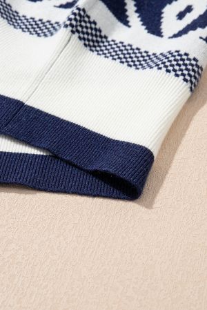 Women's Abstract Print Sweater in Navy Blue and White