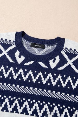 Women's Abstract Print Sweater in Navy Blue and White