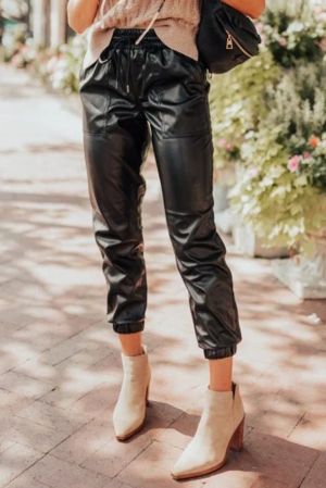 Women’s Black Faux Leather Jogger Pants with Elastic Waist and Drawstring