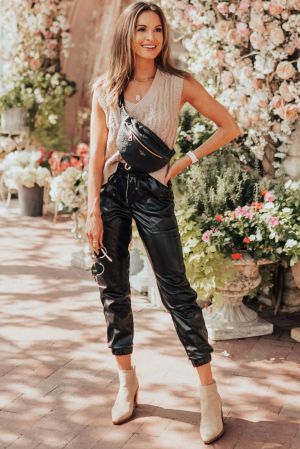 Women’s Black Faux Leather Jogger Pants with Elastic Waist and Drawstring