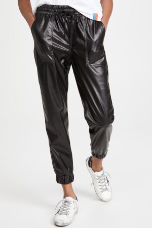 Women’s Black Faux Leather Jogger Pants with Elastic Waist and Drawstring