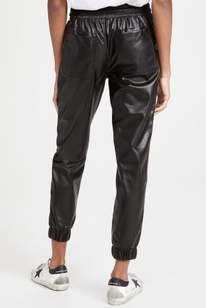 Women’s Black Faux Leather Jogger Pants with Elastic Waist and Drawstring