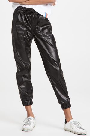 Women’s Black Faux Leather Jogger Pants with Elastic Waist and Drawstring