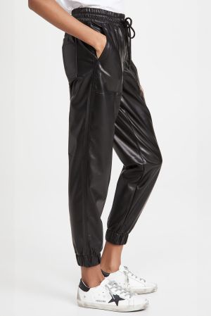 Women’s Black Faux Leather Jogger Pants with Elastic Waist and Drawstring