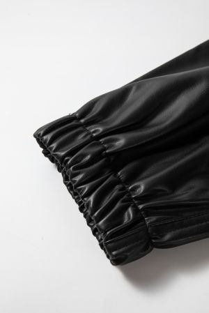 Women’s Black Faux Leather Jogger Pants with Elastic Waist and Drawstring