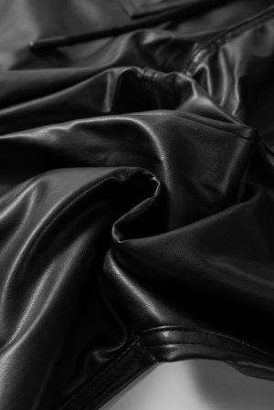 Women’s Black Faux Leather Jogger Pants with Elastic Waist and Drawstring