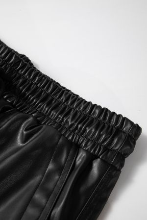Women’s Black Faux Leather Jogger Pants with Elastic Waist and Drawstring