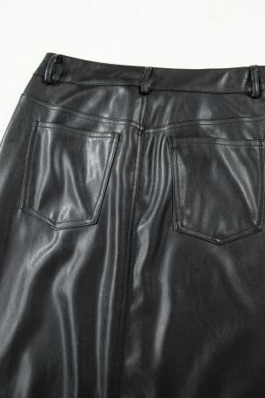 Women’s Black Faux Leather Maxi Skirt with Side Slit