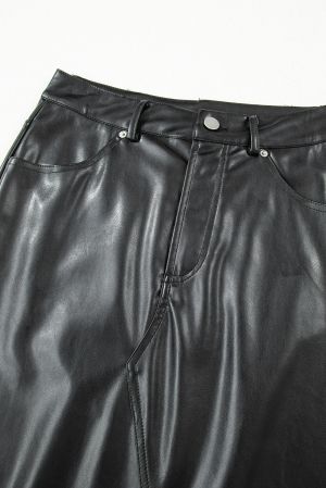 Women’s Black Faux Leather Maxi Skirt with Side Slit