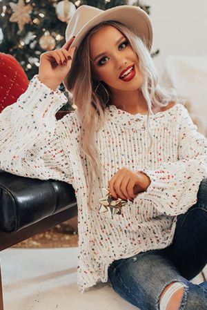 Women’s White Colorful Confetti Distressed Knit Sweater