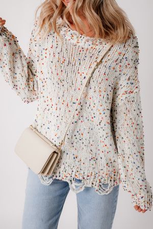 Women’s White Colorful Confetti Distressed Knit Sweater