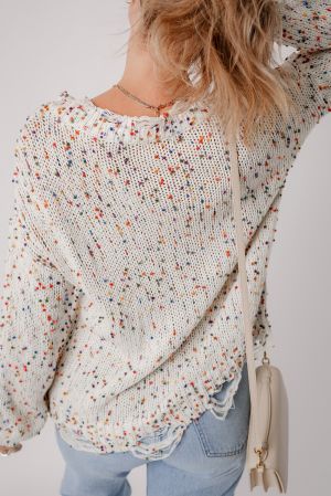 Women’s White Colorful Confetti Distressed Knit Sweater