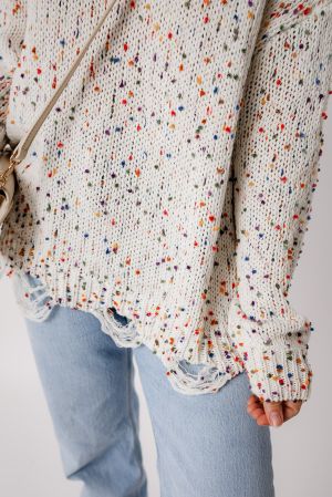 Women’s White Colorful Confetti Distressed Knit Sweater