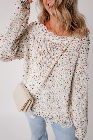 Women’s White Colorful Confetti Distressed Knit Sweater