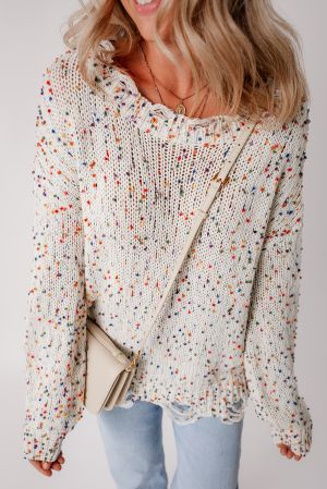 Women’s White Colorful Confetti Distressed Knit Sweater