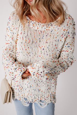 Women’s White Colorful Confetti Distressed Knit Sweater