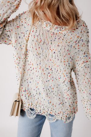 Women’s White Colorful Confetti Distressed Knit Sweater