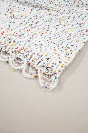 Women’s White Colorful Confetti Distressed Knit Sweater