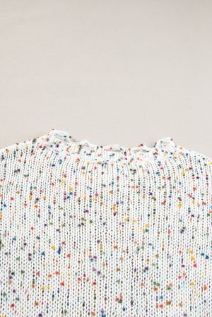 Women’s White Colorful Confetti Distressed Knit Sweater