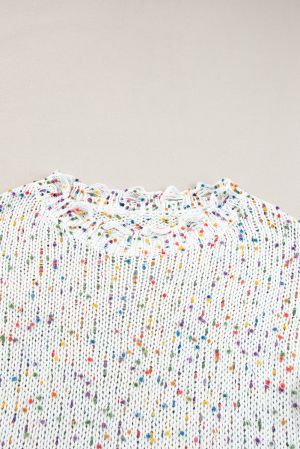 Women’s White Colorful Confetti Distressed Knit Sweater