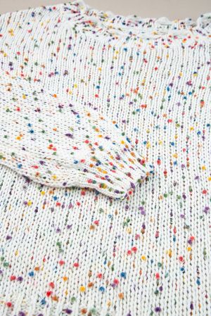 Women’s White Colorful Confetti Distressed Knit Sweater
