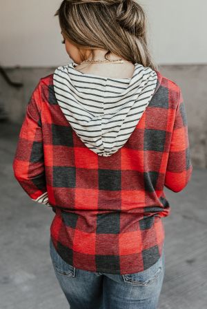 Women's Plaid Hoodie with Striped Hood and Sleeves