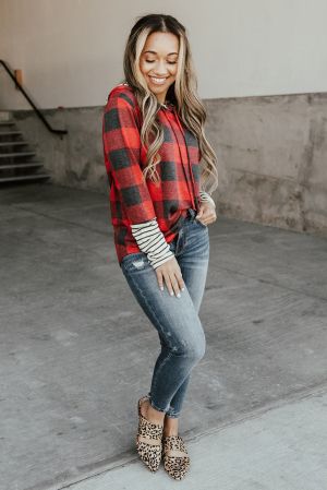 Women's Plaid Hoodie with Striped Hood and Sleeves