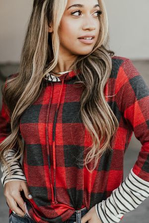 Women's Plaid Hoodie with Striped Hood and Sleeves
