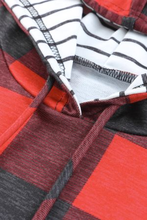 Women's Plaid Hoodie with Striped Hood and Sleeves