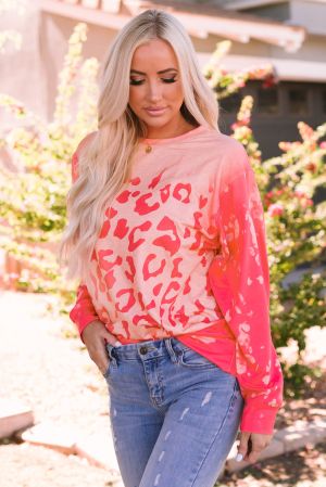 Women's Long Sleeve Blouse with Leopard Print in Pink-Coral Shades
