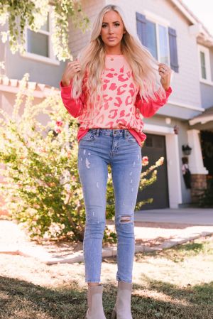 Women's Long Sleeve Blouse with Leopard Print in Pink-Coral Shades