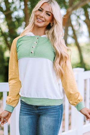 Women’s Color Block Hoodie with Buttons in Green, White and Yellow