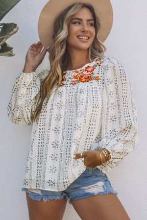 Women's Beige Floral Embroidered Blouse with Long Sleeves
