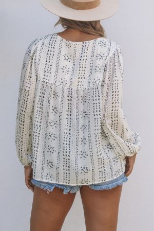 Women's Beige Floral Embroidered Blouse with Long Sleeves