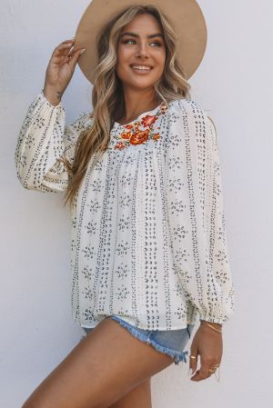 Women's Beige Floral Embroidered Blouse with Long Sleeves