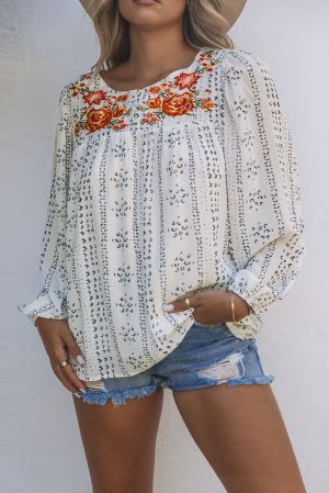 Women's Beige Floral Embroidered Blouse with Long Sleeves