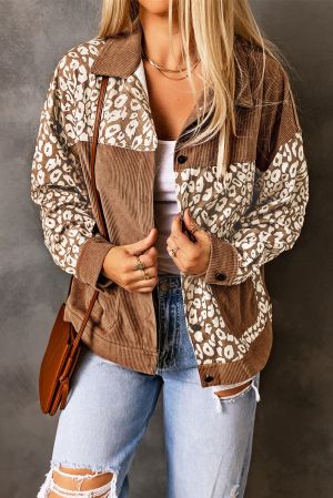 Women’s Brown Corduroy Jacket with Leopard Print
