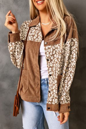 Women’s Brown Corduroy Jacket with Leopard Print