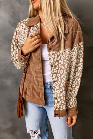Women’s Brown Corduroy Jacket with Leopard Print