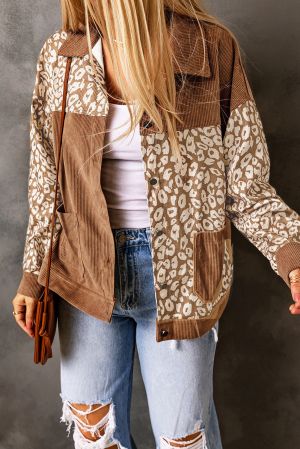 Women’s Brown Corduroy Jacket with Leopard Print