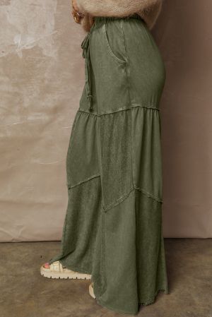 Women’s Green Wide-Leg Pants with Drawstring and Pockets