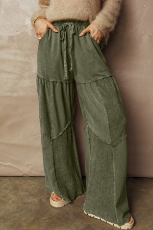 Women’s Green Wide-Leg Pants with Drawstring and Pockets