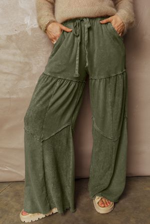 Women’s Green Wide-Leg Pants with Drawstring and Pockets