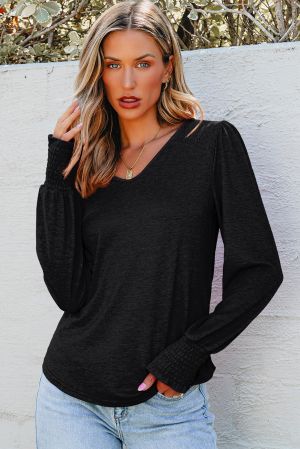 Women’s Black Long Sleeve Blouse with V-Neck