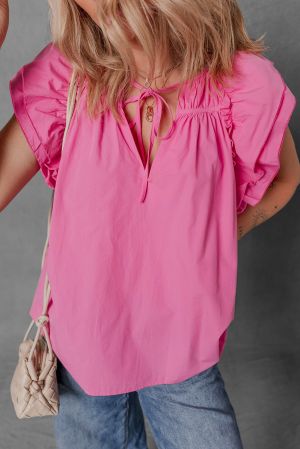 Women’s Pink Cotton Blouse with Tie Neck