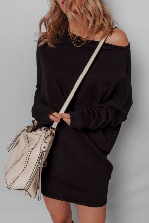 Women’s Black Sweater Dress with Off-Shoulder Design