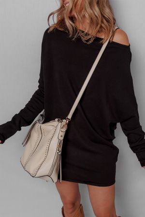 Women’s Black Sweater Dress with Off-Shoulder Design