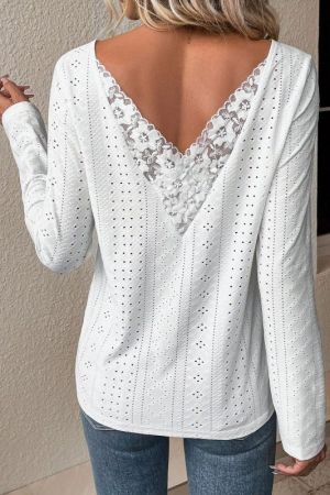 Women’s White Long Sleeve Blouse with Lace V-Back